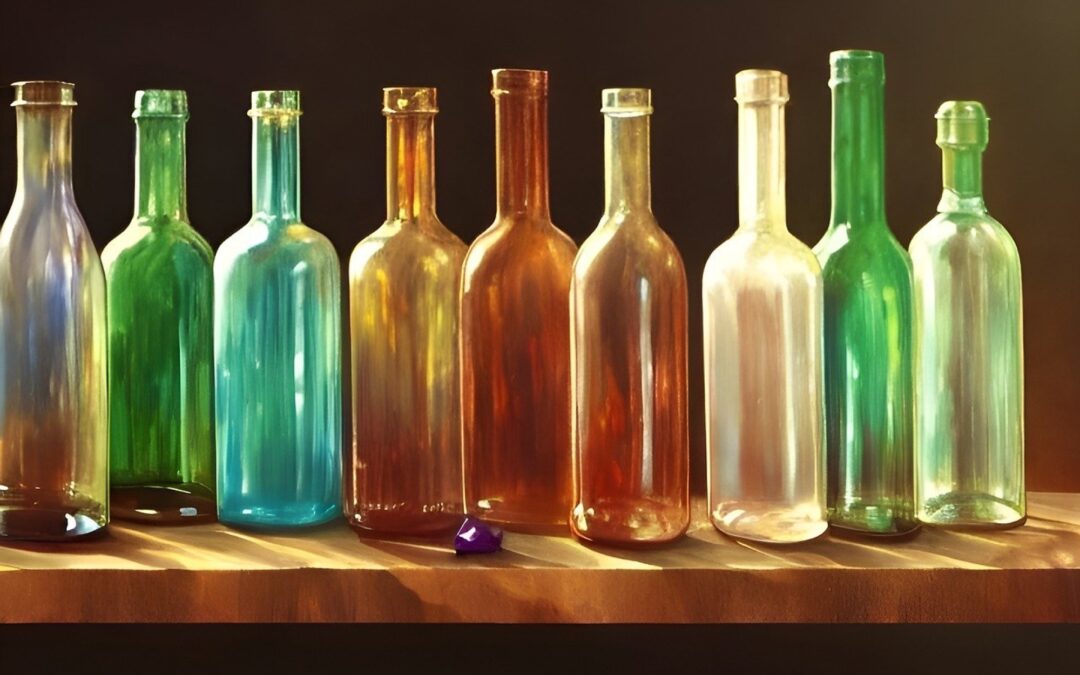 Bunte Glasflaschen stehen in einer Reihe auf einem Holzregal, von links nach rechts in Blau, Grün, Braun und Klar.