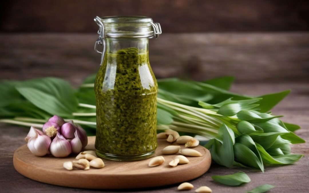 Glas mit grünem Pesto neben Bärlauchblättern, Knoblauch und Pinienkernen auf einem Holzbrett, rustikaler Hintergrund.