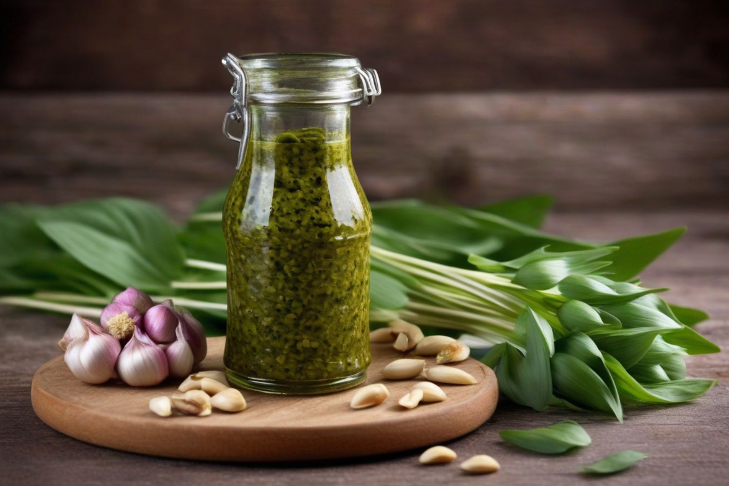 Glas mit grünem Pesto neben Bärlauchblättern, Knoblauch und Pinienkernen auf einem Holzbrett, rustikaler Hintergrund.