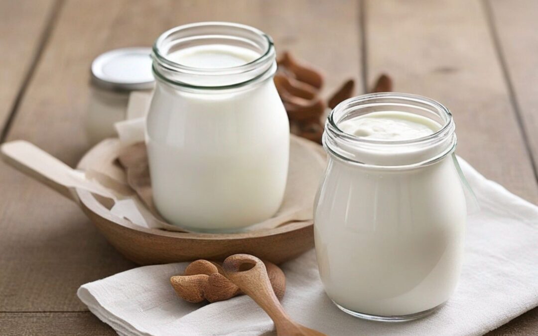 Zwei Gläser Joghurt auf einem Holztisch, daneben ein Löffel und eine weiße Serviette.