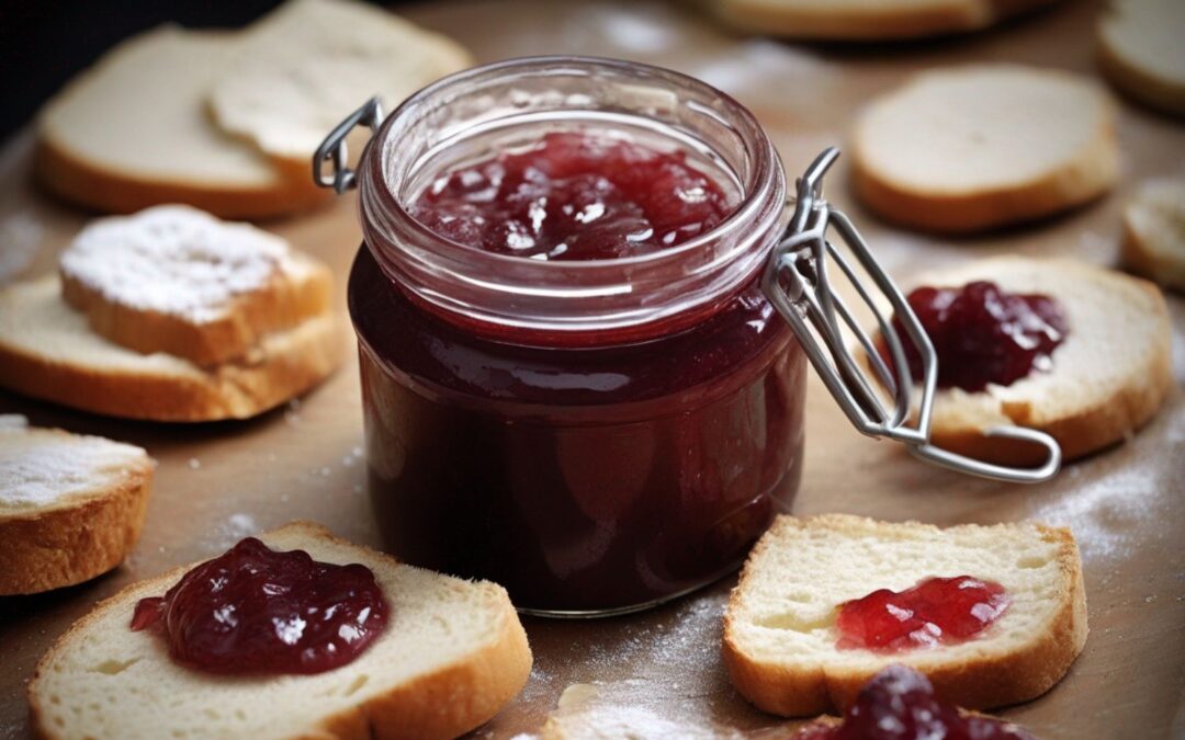 Ein Glas mit roter Marmelade, umgeben von Brotscheiben, auf einigen davon Marmeladenkleckse.