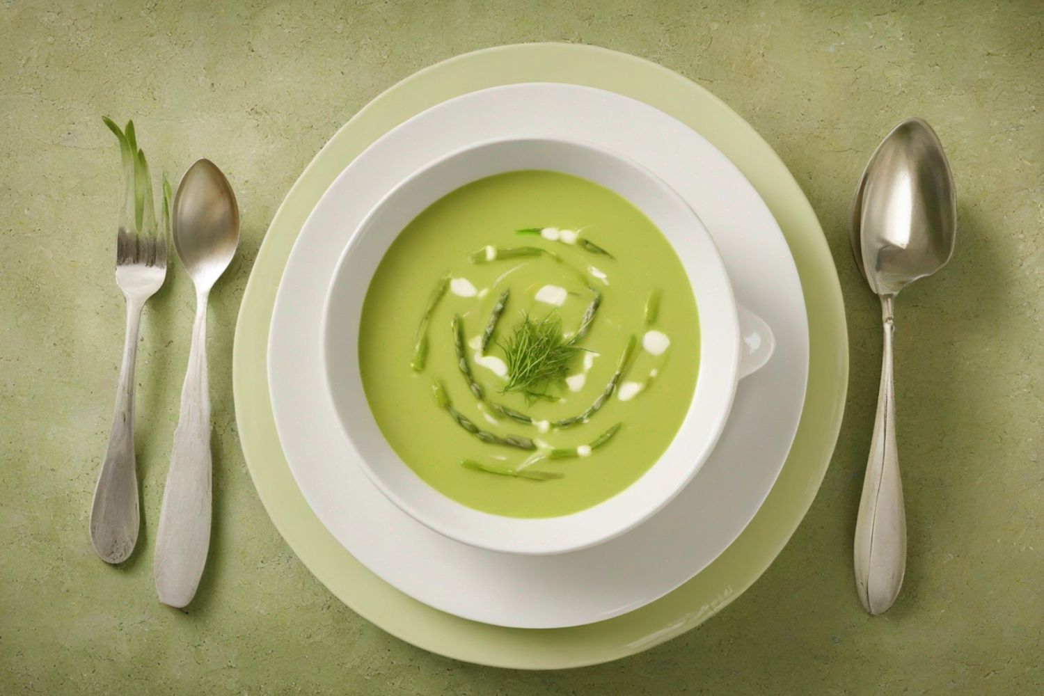 Grüne Spargelsuppe mit Sahne und Dill in einer weißen Schüssel, umgeben von Löffel und Gabel auf grünem Untergrund.