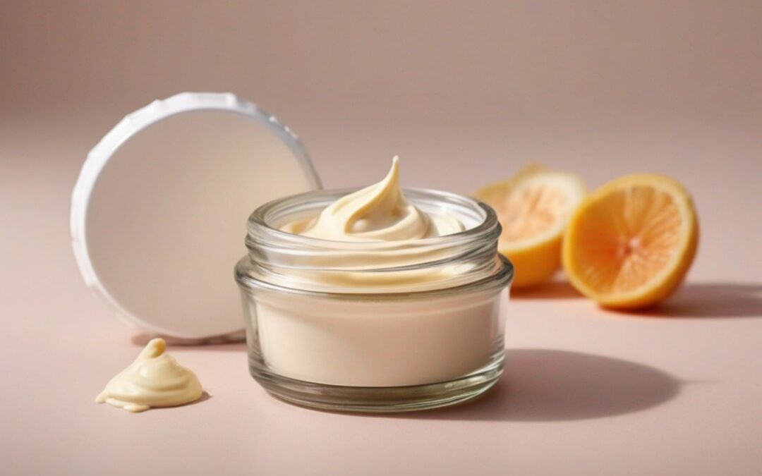 Glas mit Creme, geöffnet, auf hellem Hintergrund, zwei Zitronenhälften im Hintergrund, ein Klecks Creme daneben.