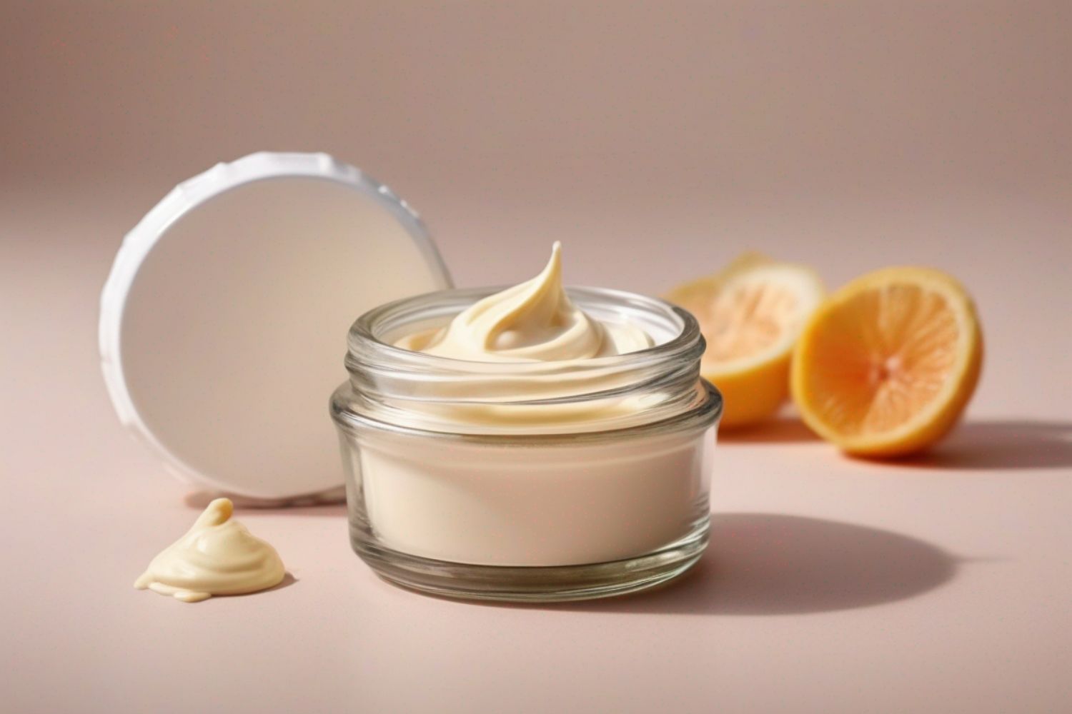 Glas mit Creme, geöffnet, auf hellem Hintergrund, zwei Zitronenhälften im Hintergrund, ein Klecks Creme daneben.