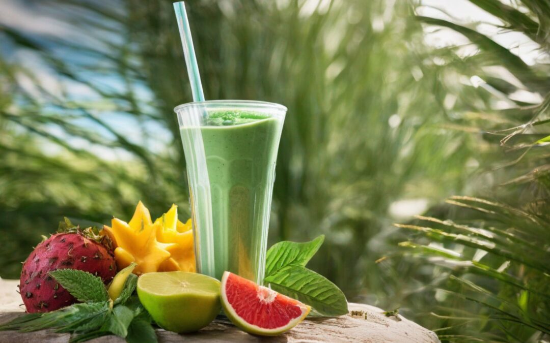 Grüner Smoothie im Glas mit frischen exotischen Früchten und Minzblättern, auf einem Tisch im Freien.