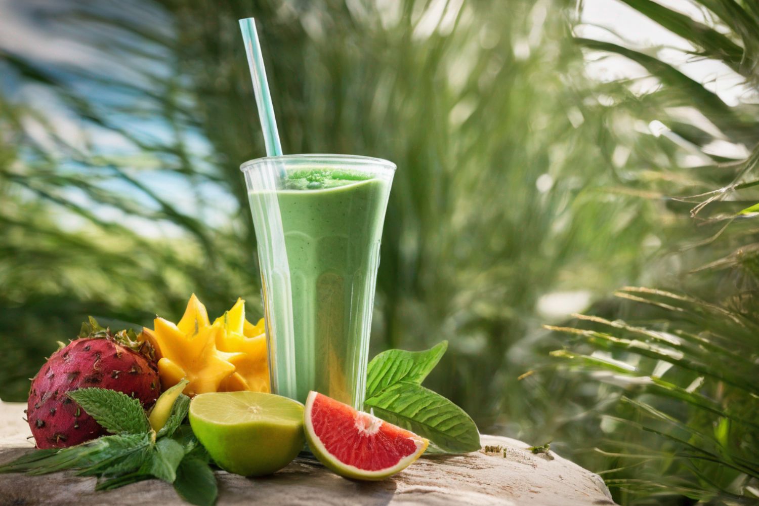 Tropischen Traum Smoothie Grüner Smoothie im Glas mit frischen exotischen Früchten und Minzblättern, auf einem Tisch im Freien.