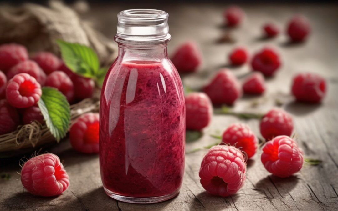 Eine Glasflasche mit Himbeersmoothie umgeben von frischen Himbeeren auf einem Holztisch.