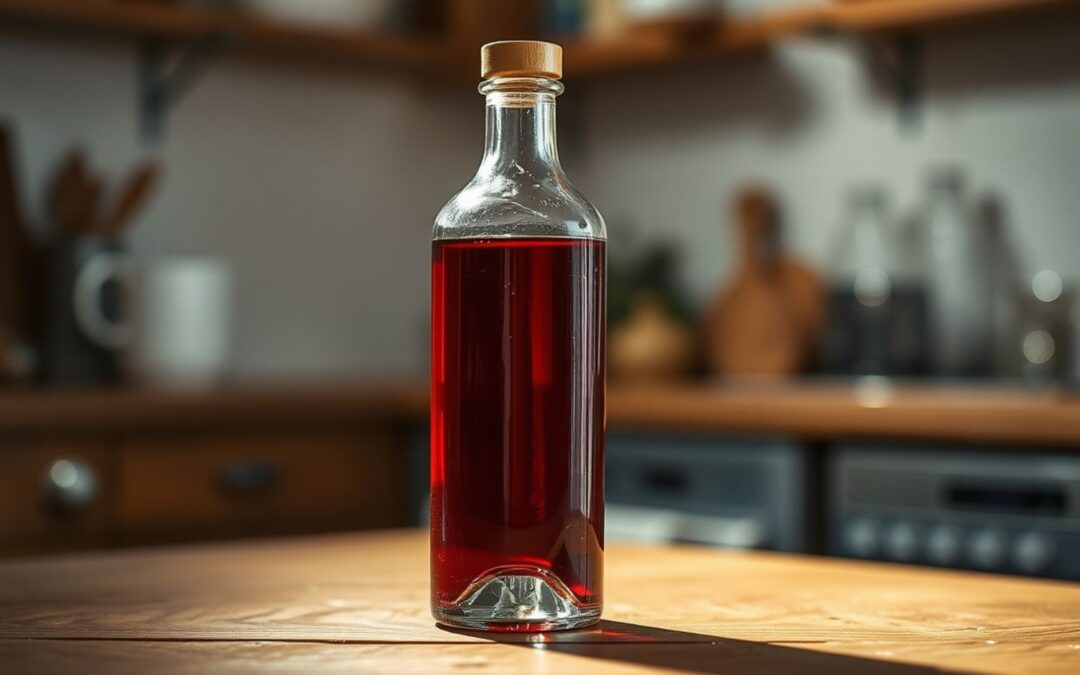 Klare Flasche mit rotem Flüssigkeit, Holzdeckel, steht auf einem Holztisch mit unscharfem Küchenhintergrund.