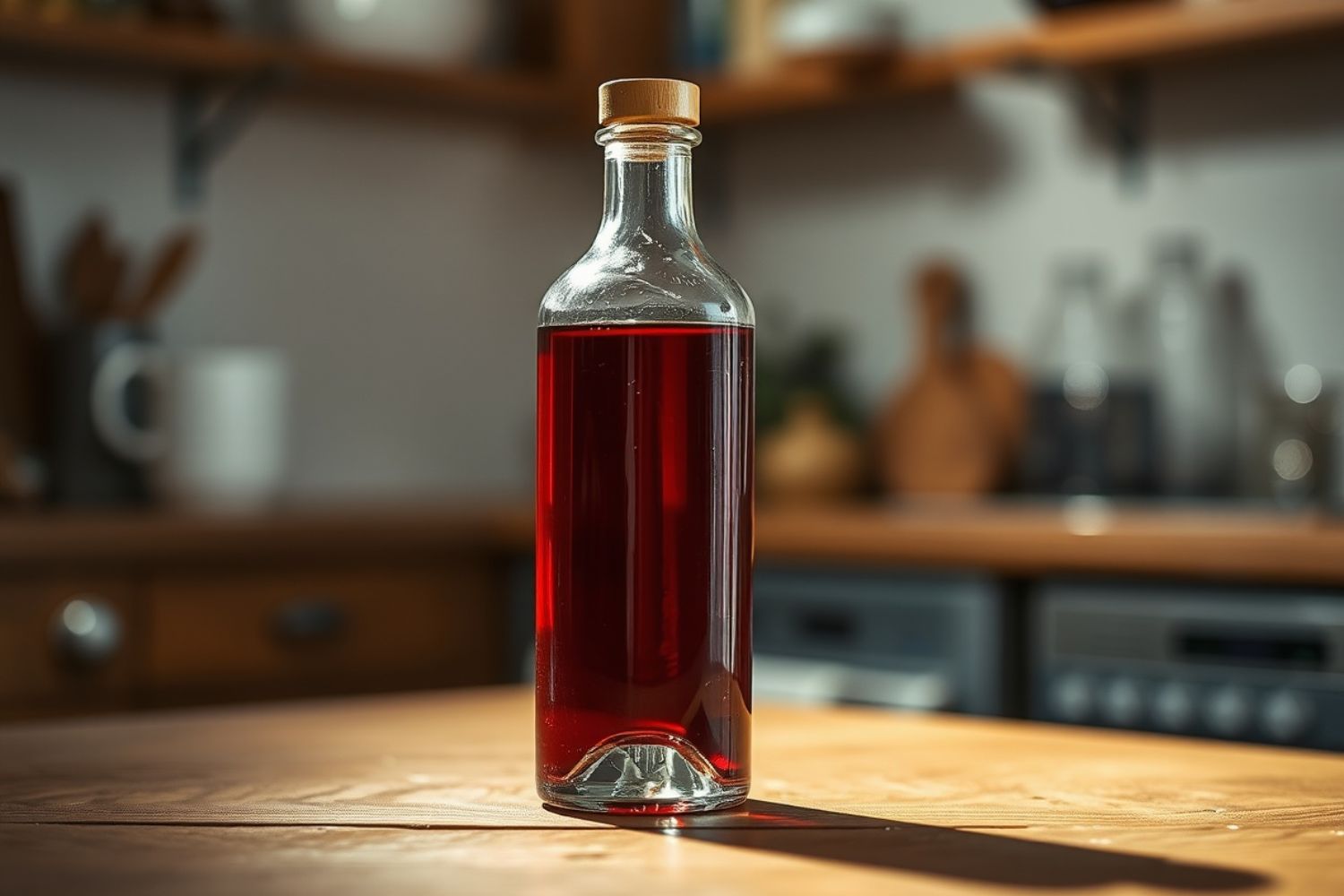 Klare Flasche mit rotem Flüssigkeit, Holzdeckel, steht auf einem Holztisch mit unscharfem Küchenhintergrund.