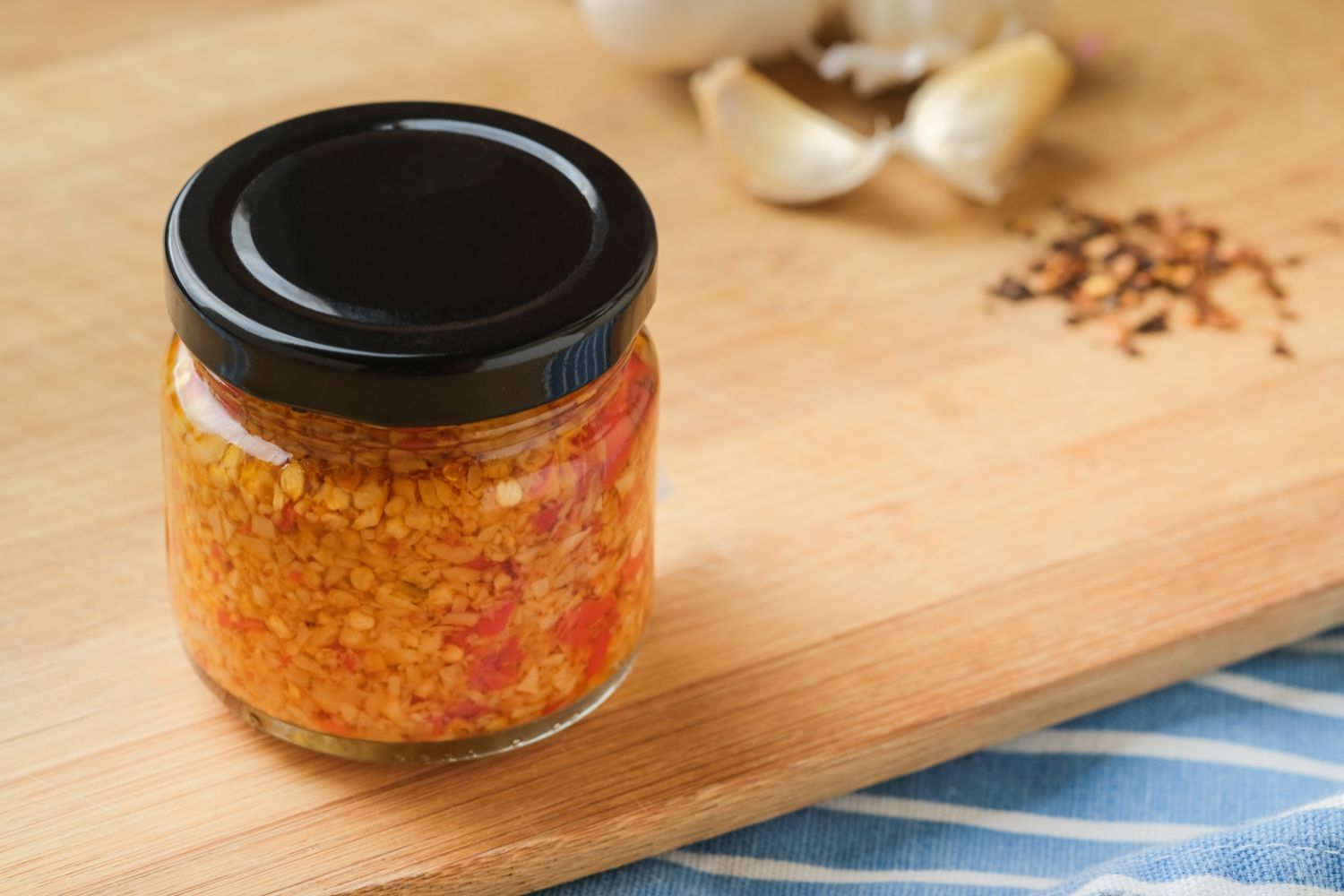 Chili Paste Ein Glas mit Chiliflocken und Öl auf einem Holzbrett, im Hintergrund Knoblauchzehen und Chiliflocken.