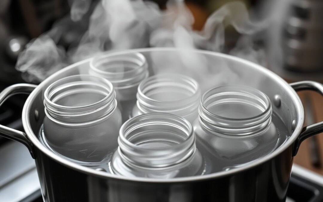 Sechs Gläser werden in einem Topf mit kochendem Wasser sterilisiert. Dampf steigt auf.