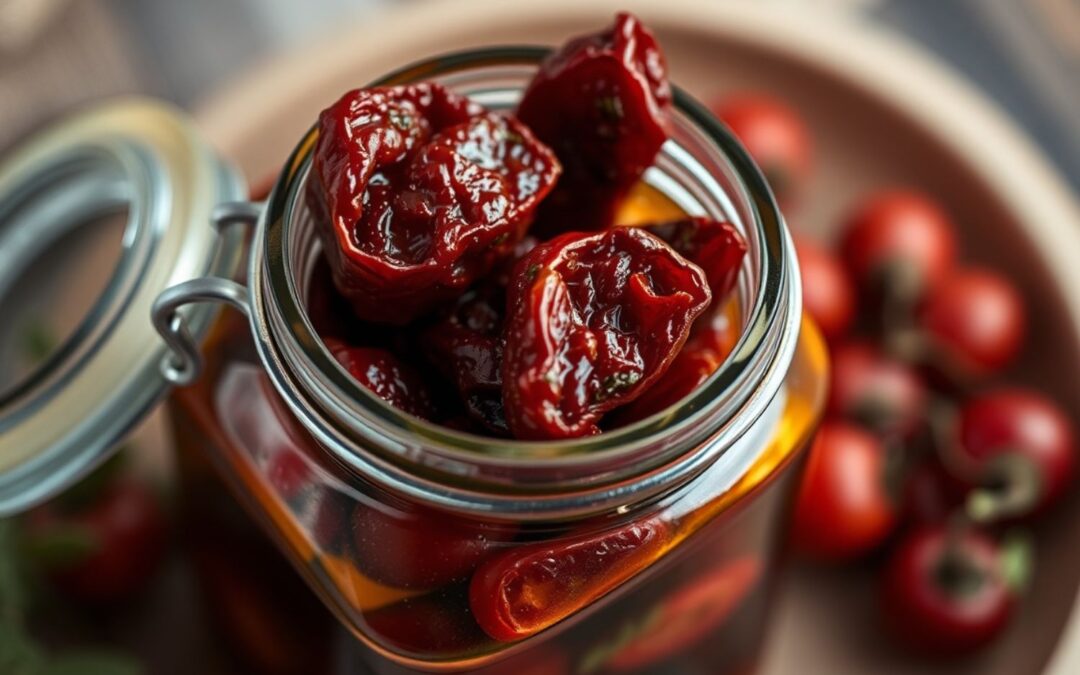 Ein Glas mit in Öl eingelegten, getrockneten Tomaten, umgeben von frischen Kirschtomaten auf einem Holztisch.