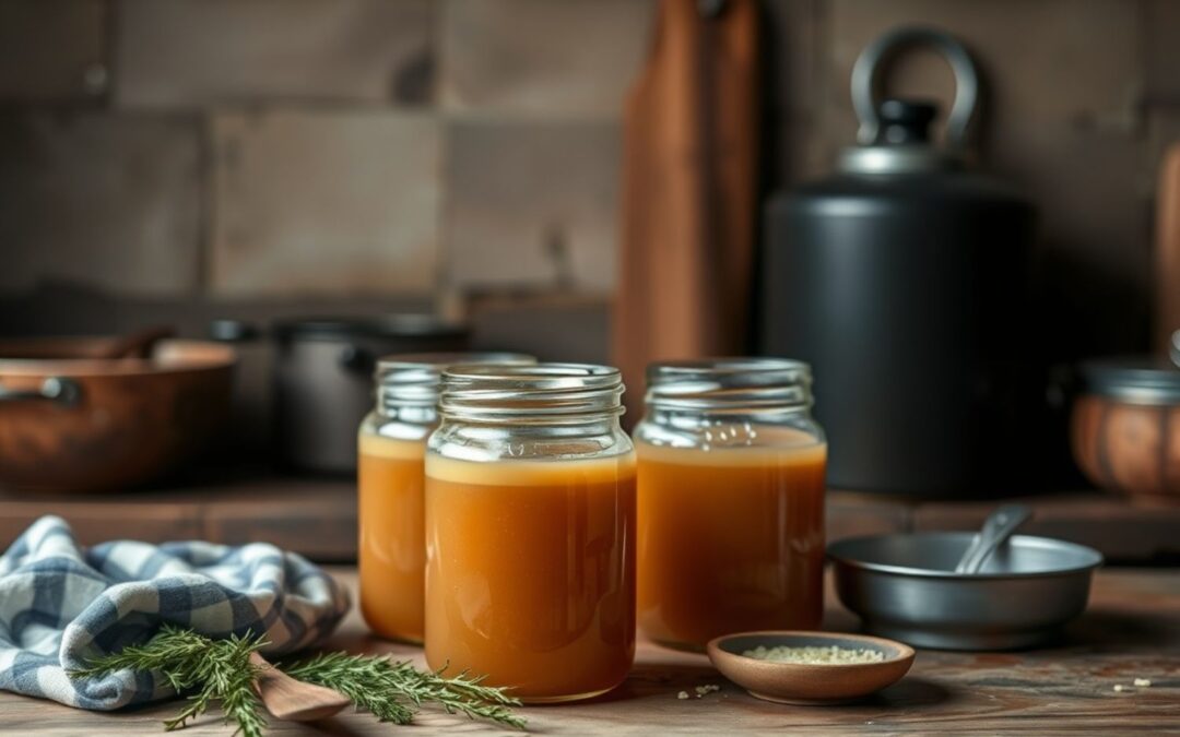 Drei Gläser mit orangener Flüssigkeit auf Holztisch, daneben Kräuter, Geschirrtuch und Gewürzschale, rustikaler Hintergrund.