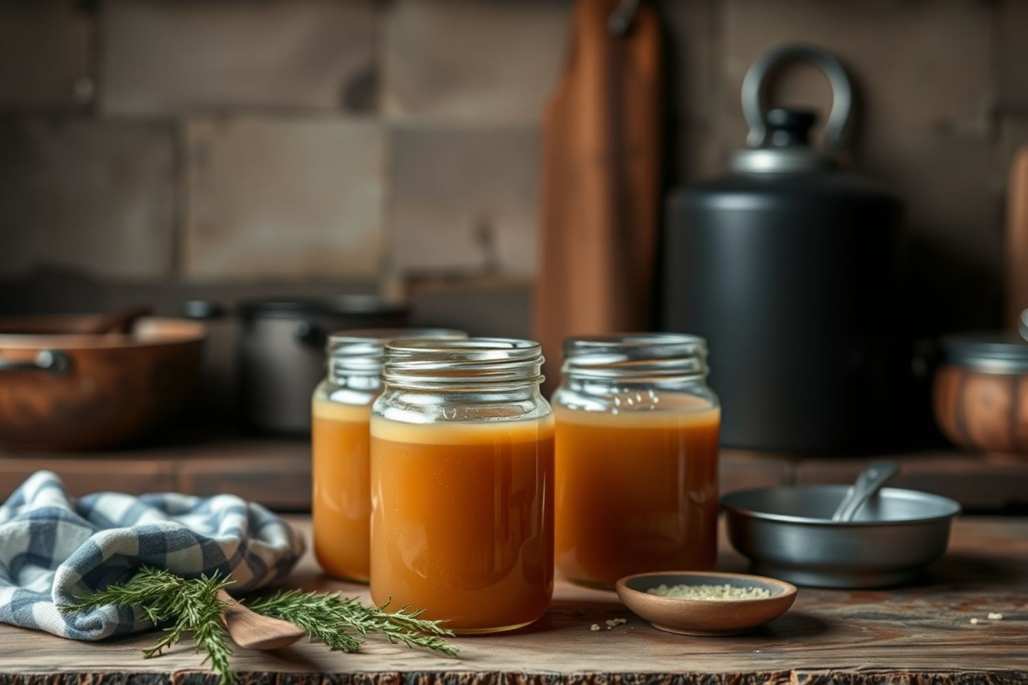 Brühe selbst machen Drei Gläser mit orangener Flüssigkeit auf Holztisch, daneben Kräuter, Geschirrtuch und Gewürzschale, rustikaler Hintergrund.