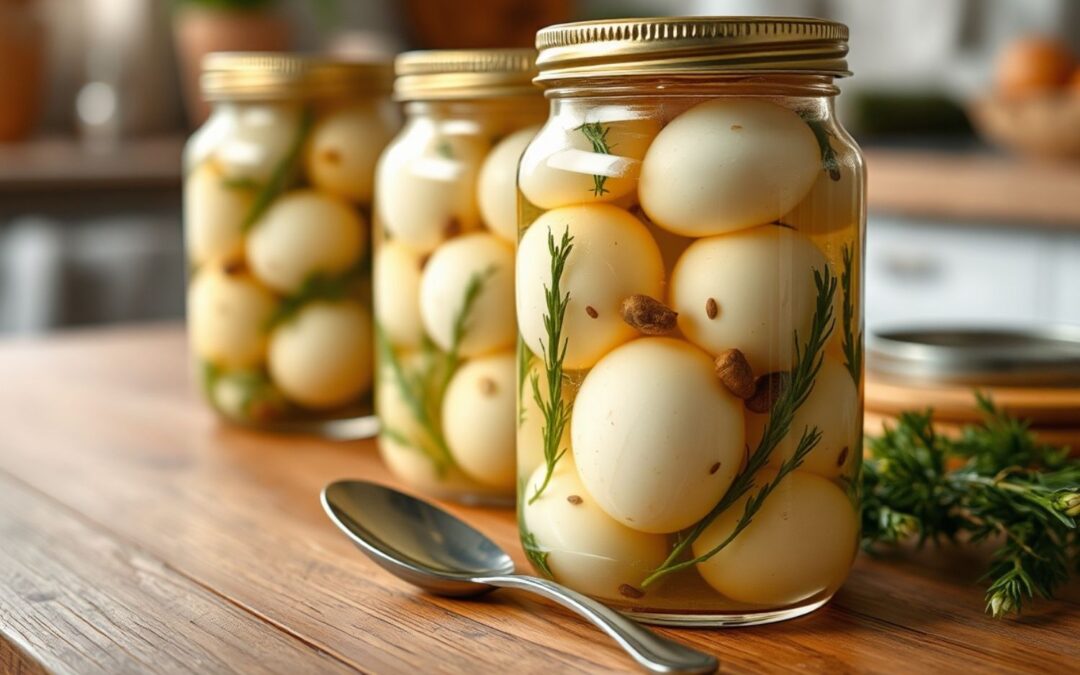 Drei Glasgefäße mit eingelegten Eiern, Dill und Gewürzen auf einem Holztisch, daneben ein Löffel.