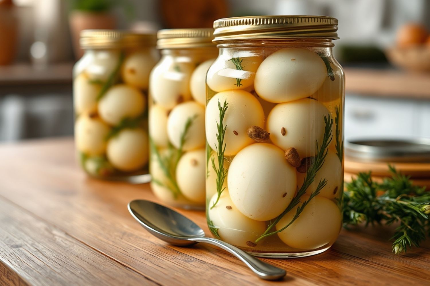 Drei Glasgefäße mit eingelegten Eiern, Dill und Gewürzen auf einem Holztisch, daneben ein Löffel.