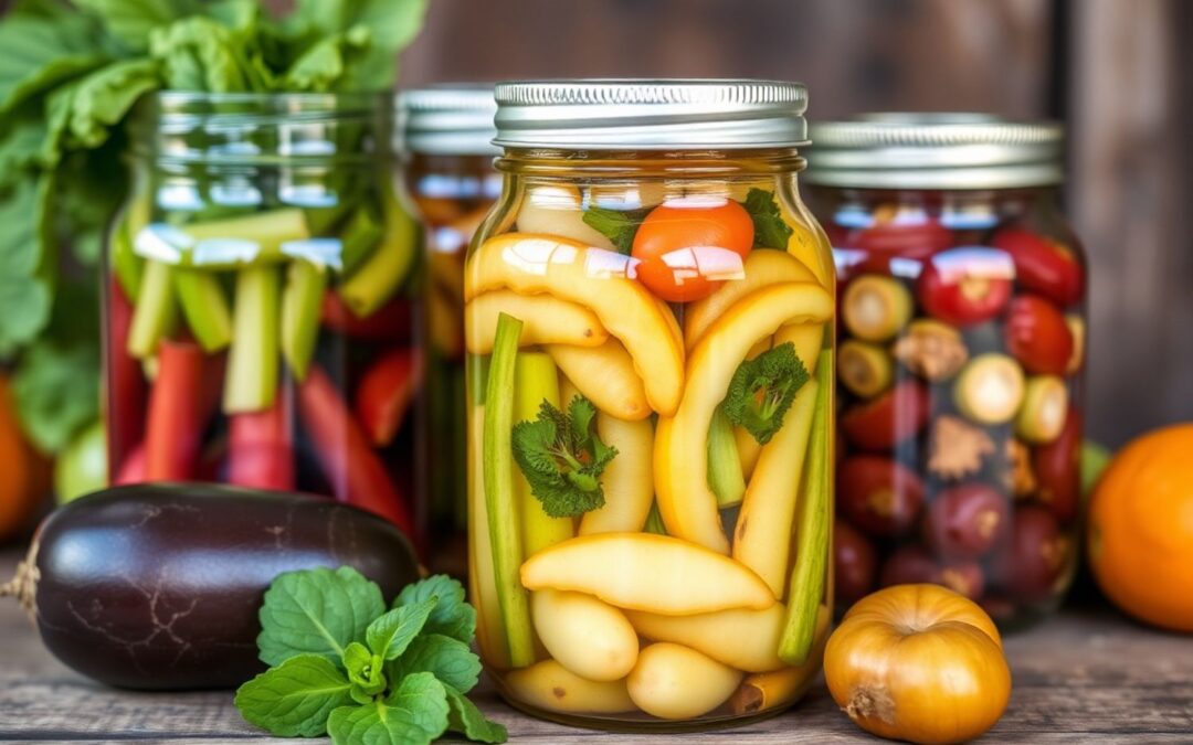 Eingelegtes Gemüse in Gläsern mit frischen Kräutern, Aubergine und Zwiebel im Vordergrund auf Holztisch.