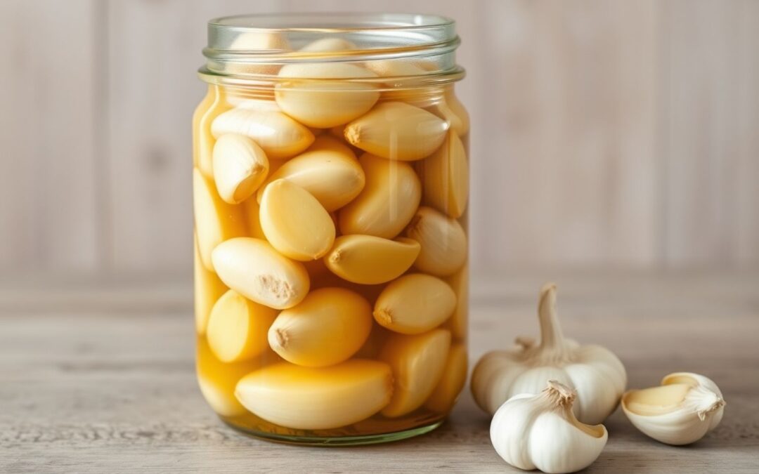 Eingelegter Knoblauch in einem Glas auf einem Holztisch, daneben liegen frische Knoblauchzehen und eine Knolle.