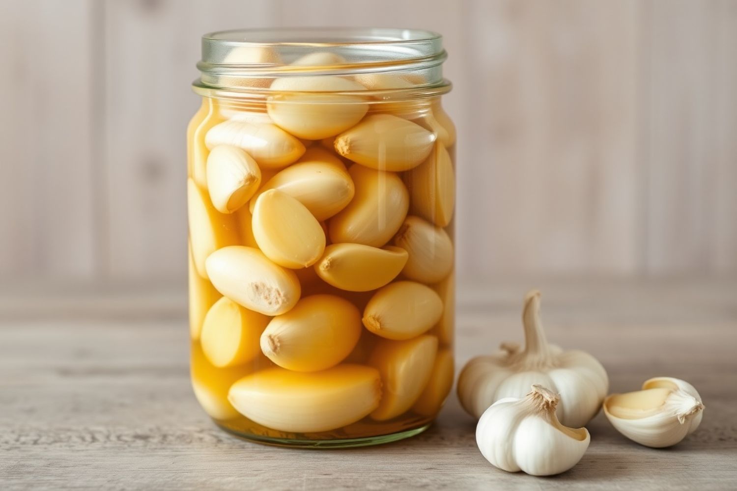 Eingelegter Knoblauch in einem Glas auf einem Holztisch, daneben liegen frische Knoblauchzehen und eine Knolle.