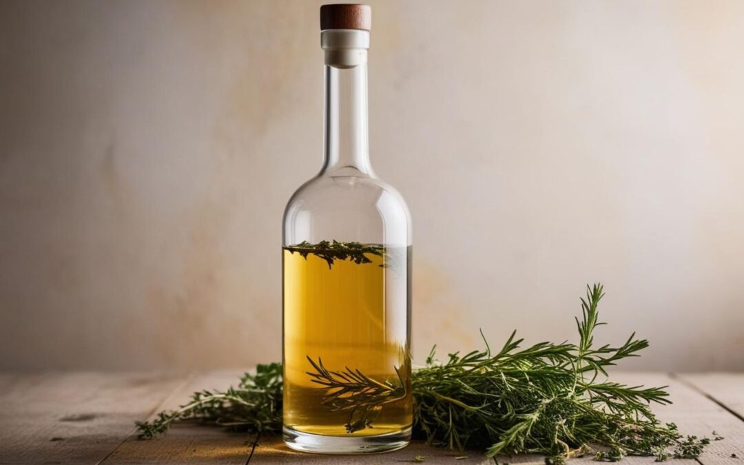 Glasflasche mit Kräuteröl und frischen Kräutern auf einem Holztisch vor neutralem Hintergrund.