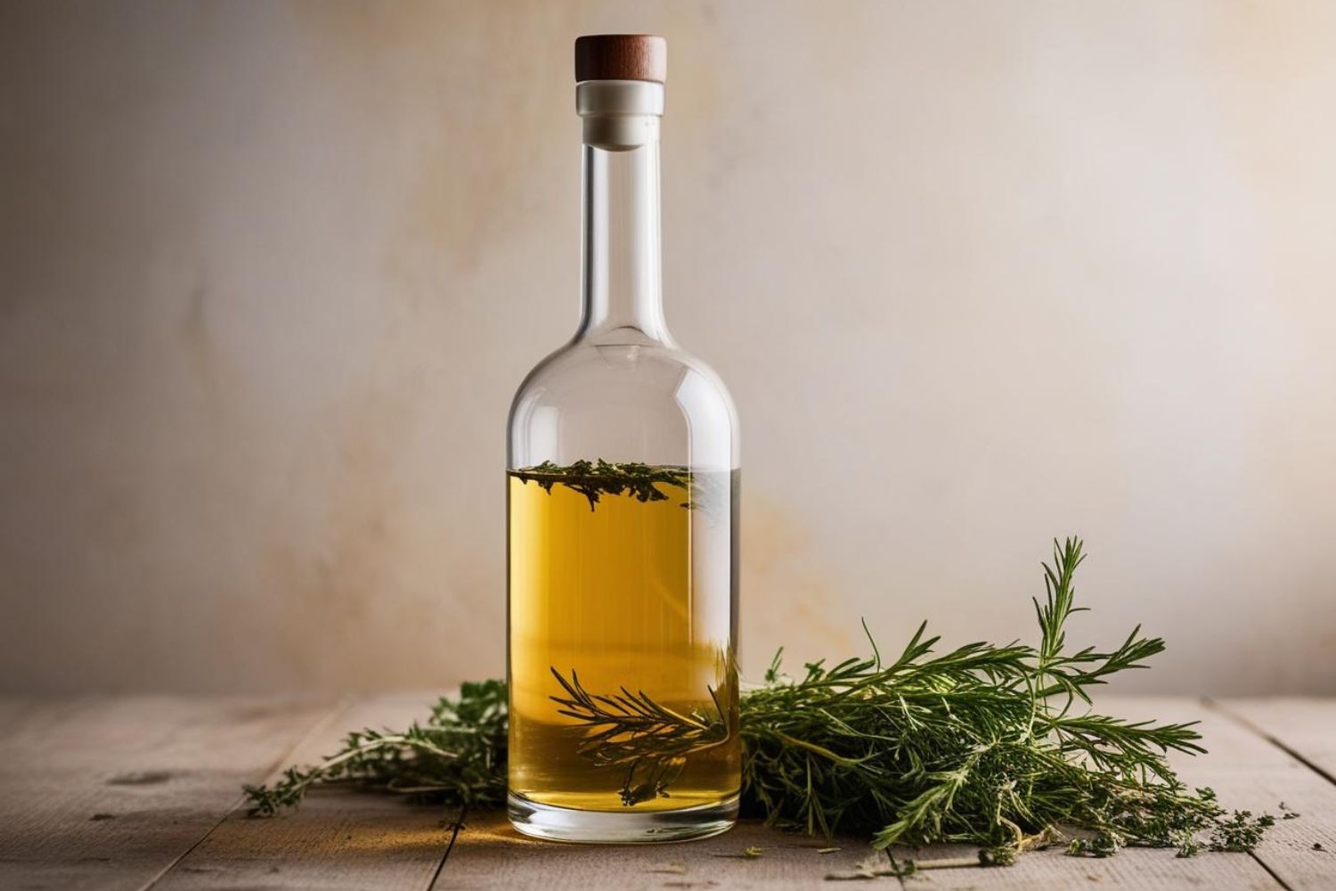 Glasflasche mit Kräuteröl und frischen Kräutern auf einem Holztisch vor neutralem Hintergrund.