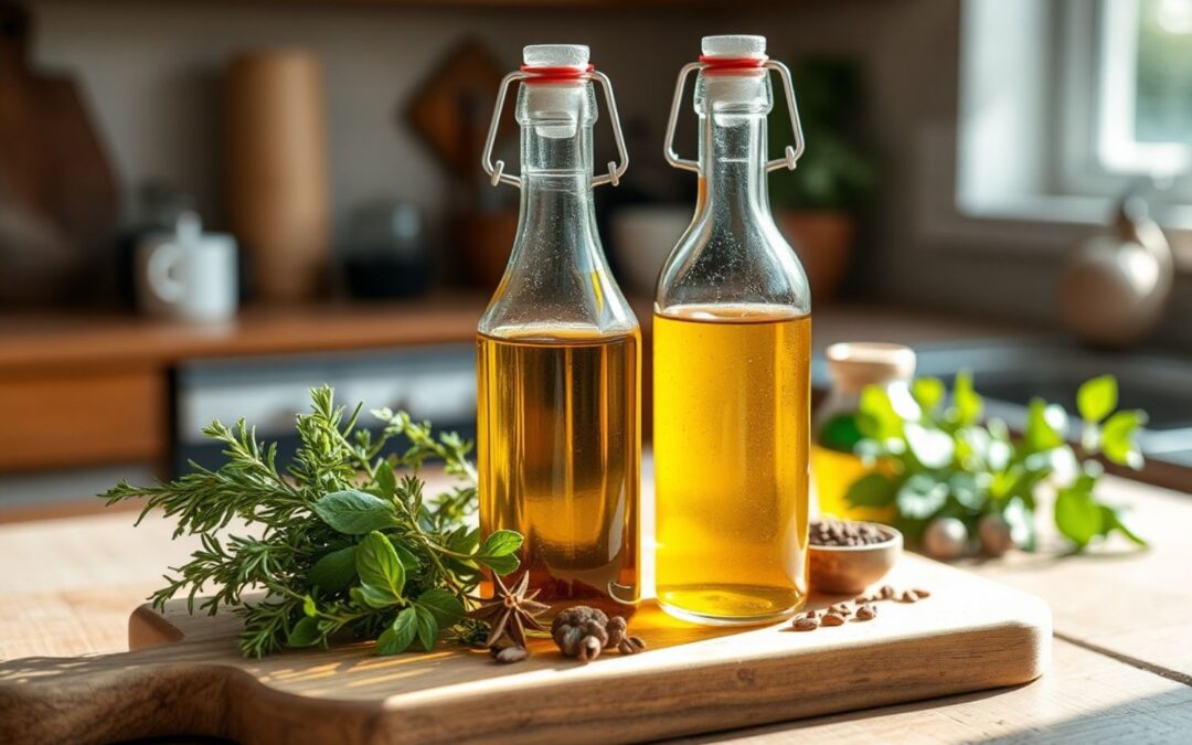 Zwei Glasflaschen mit goldenem Öl, umgeben von frischen Kräutern, stehen auf einem Schneidebrett in einer sonnigen Küche.
