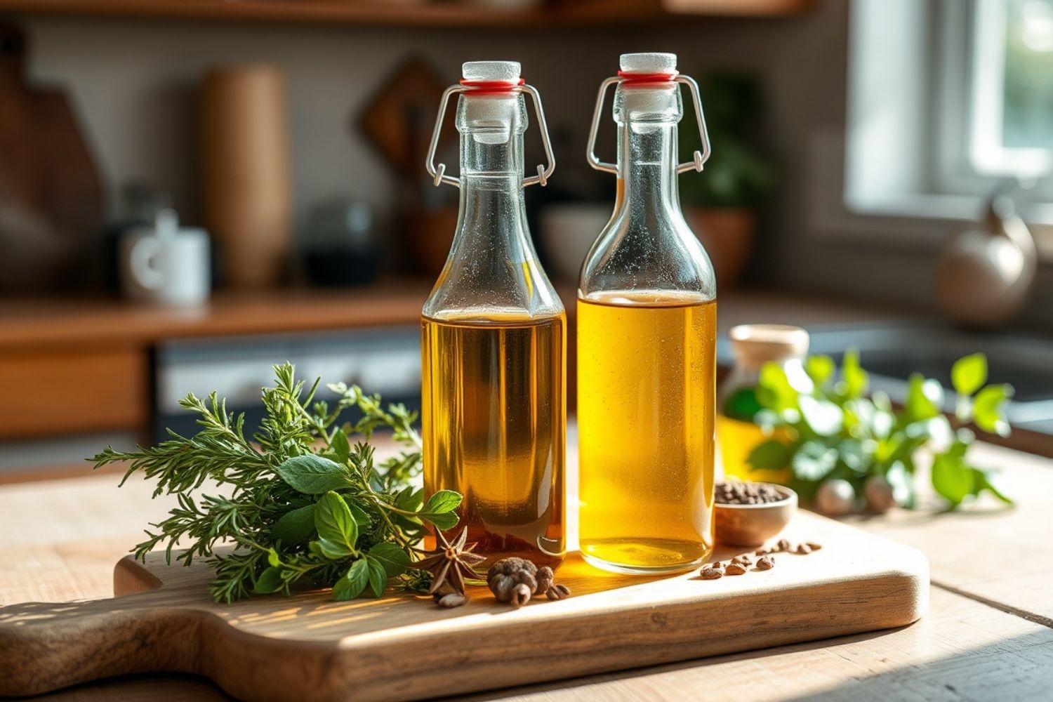 Zwei Glasflaschen mit goldenem Öl, umgeben von frischen Kräutern, stehen auf einem Schneidebrett in einer sonnigen Küche.