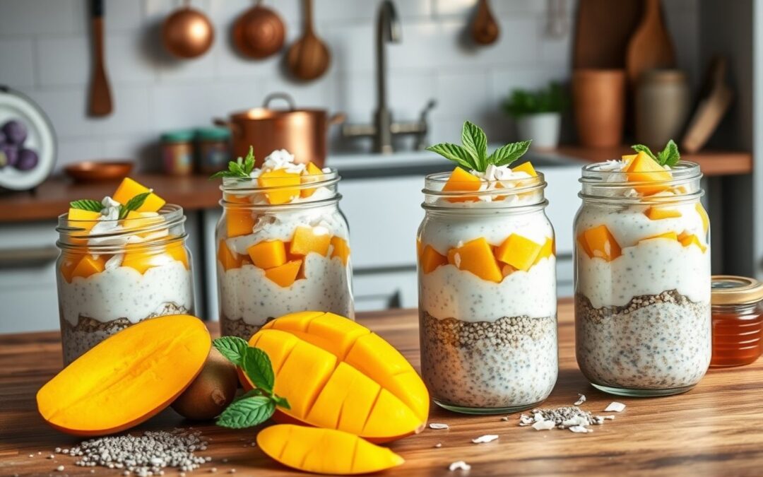 Vier Gläser mit Chia-Pudding, Joghurt und Mangowürfeln auf Holz, dekoriert mit Minze, in der Küche.
