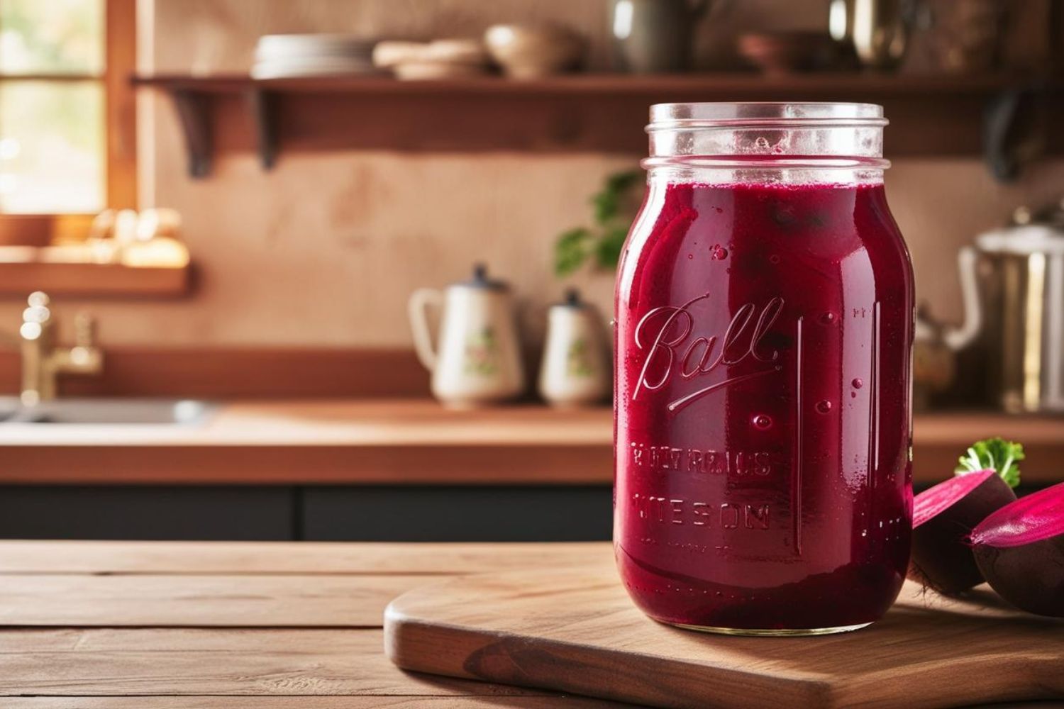 Ein Glas mit rotem Saft auf einem Holzbrett in einer Küche, daneben ein Stück Rote Bete.