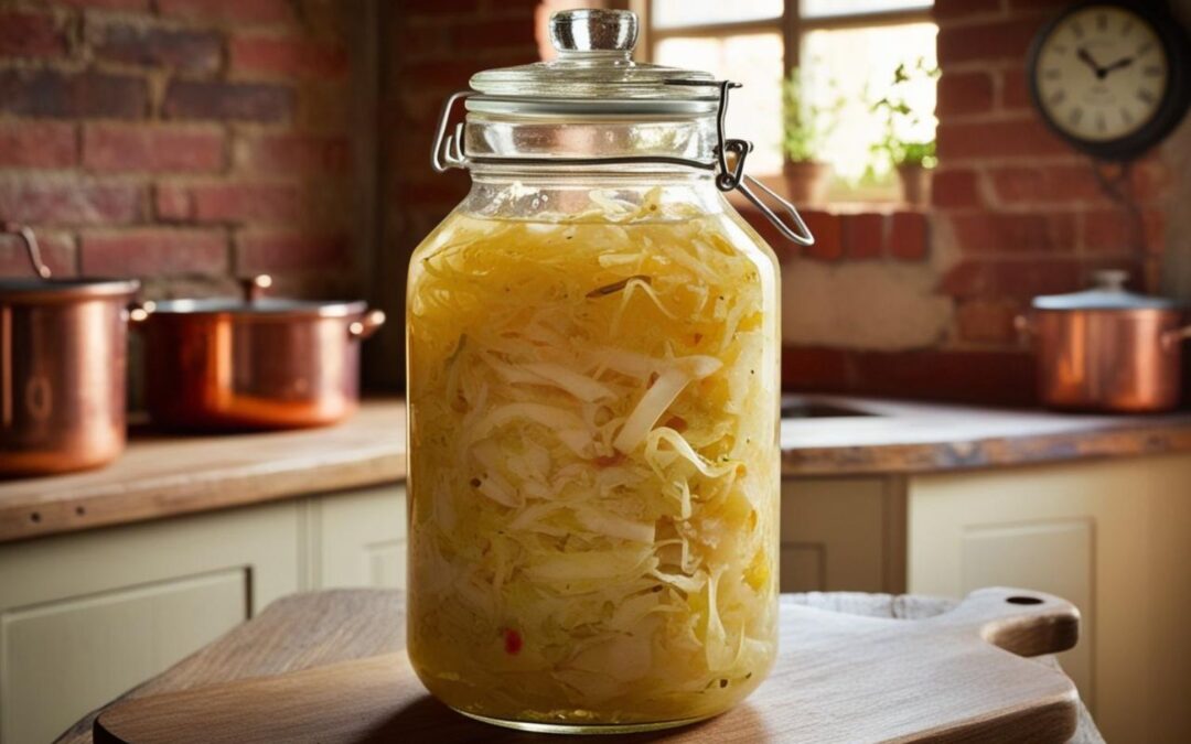 Ein Glas mit Sauerkraut auf einem Holzbrett in einer rustikalen Küche.