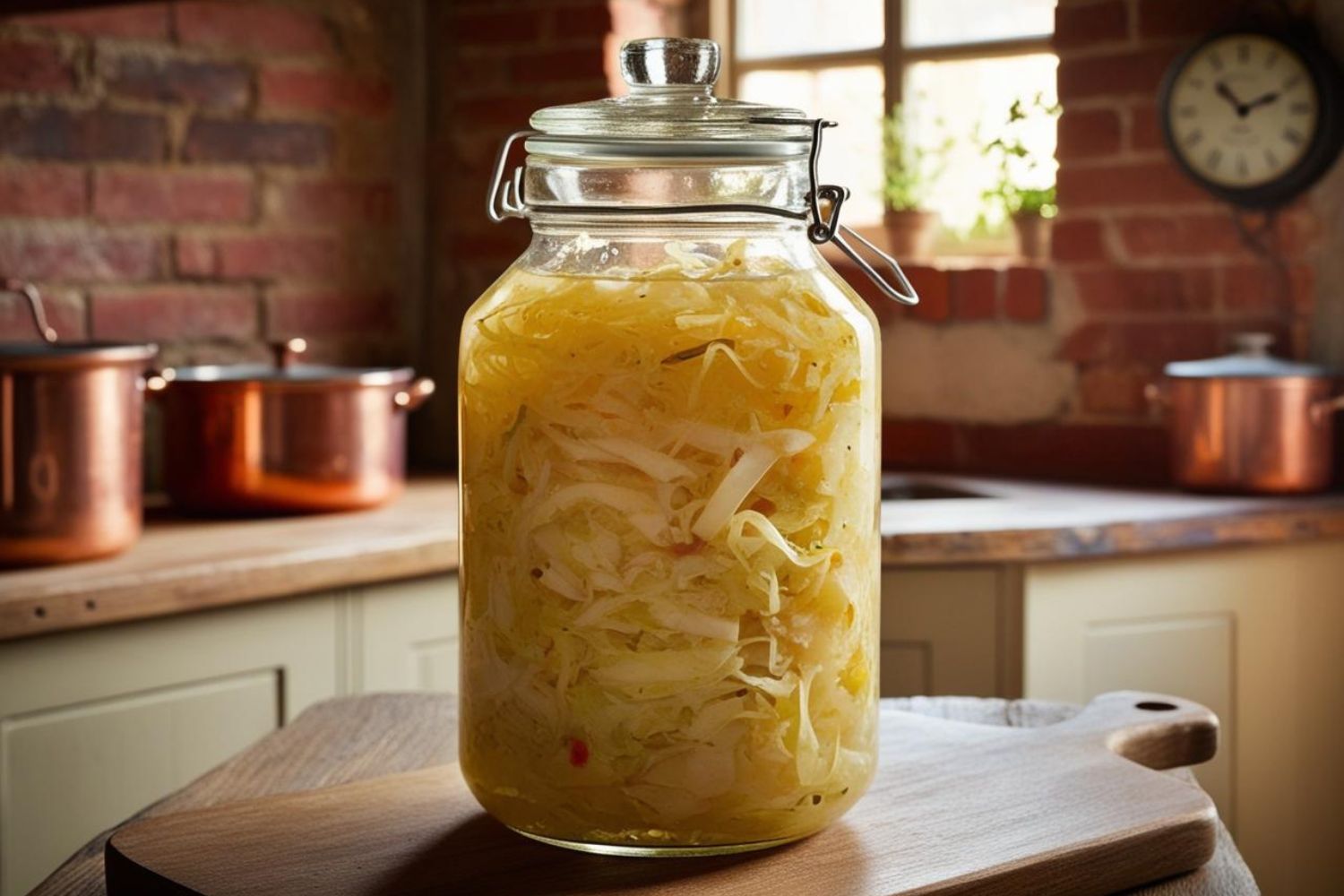 Klassisches deutsches Sauerkraut Ein Glas mit Sauerkraut auf einem Holzbrett in einer rustikalen Küche.