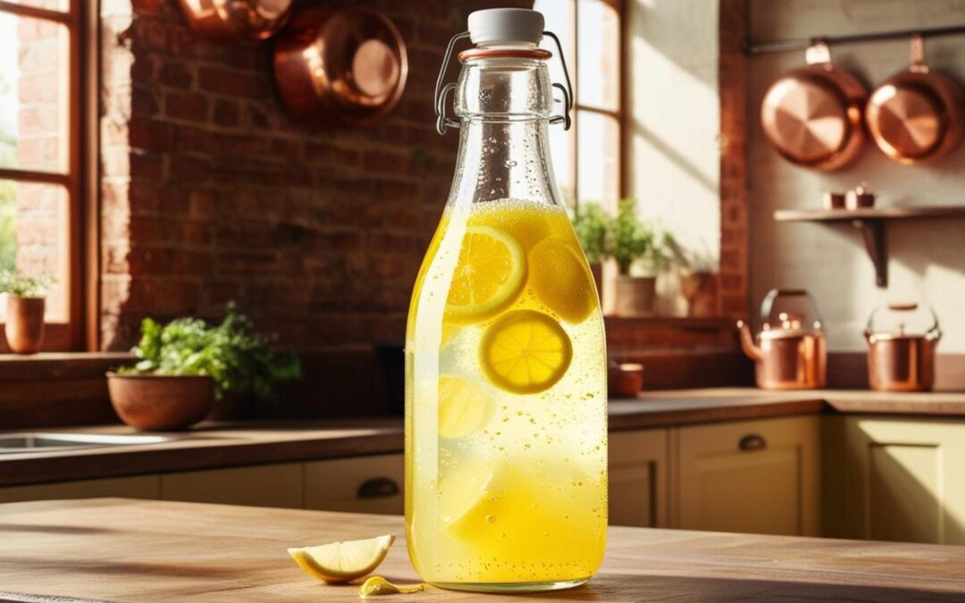 Flasche Zitronenlimonade mit Scheiben, auf Holztisch in gemütlicher Küche mit Kupfergeschirr und Pflanzen im Sonnenlicht.