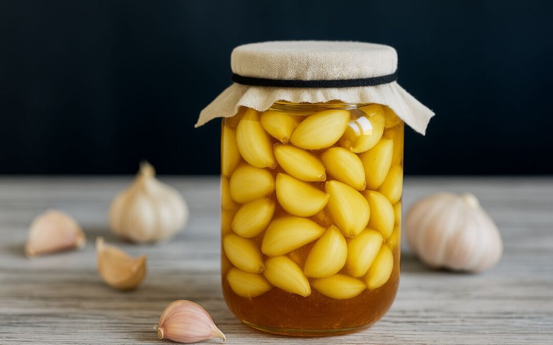 Glas mit eingelegtem Knoblauch in Honig, abgedeckt mit Tuch, auf Holztisch, ganze Knoblauchzehen im Hintergrund.