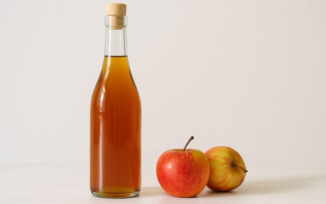 Flasche Apfelessig neben zwei roten Äpfeln auf einem weißen Tisch vor hellem Hintergrund.