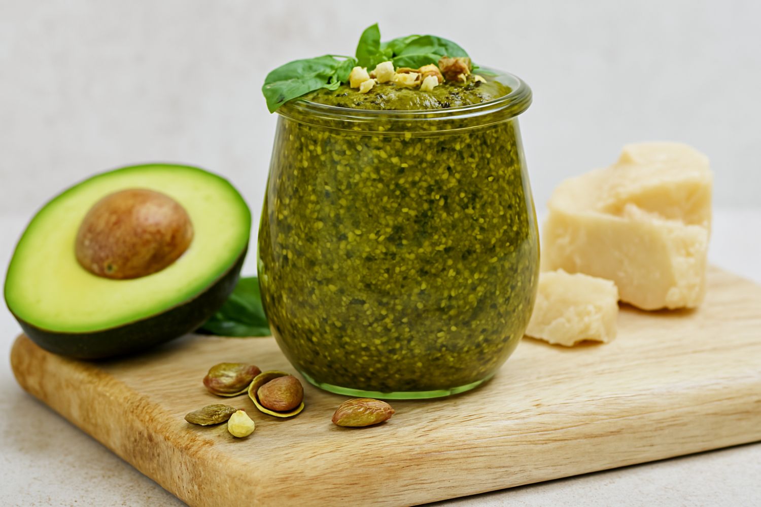 Ein Glas grünes Pesto mit Basilikum, Avocado, Käse und Nüssen auf einem Holzbrett arrangiert.