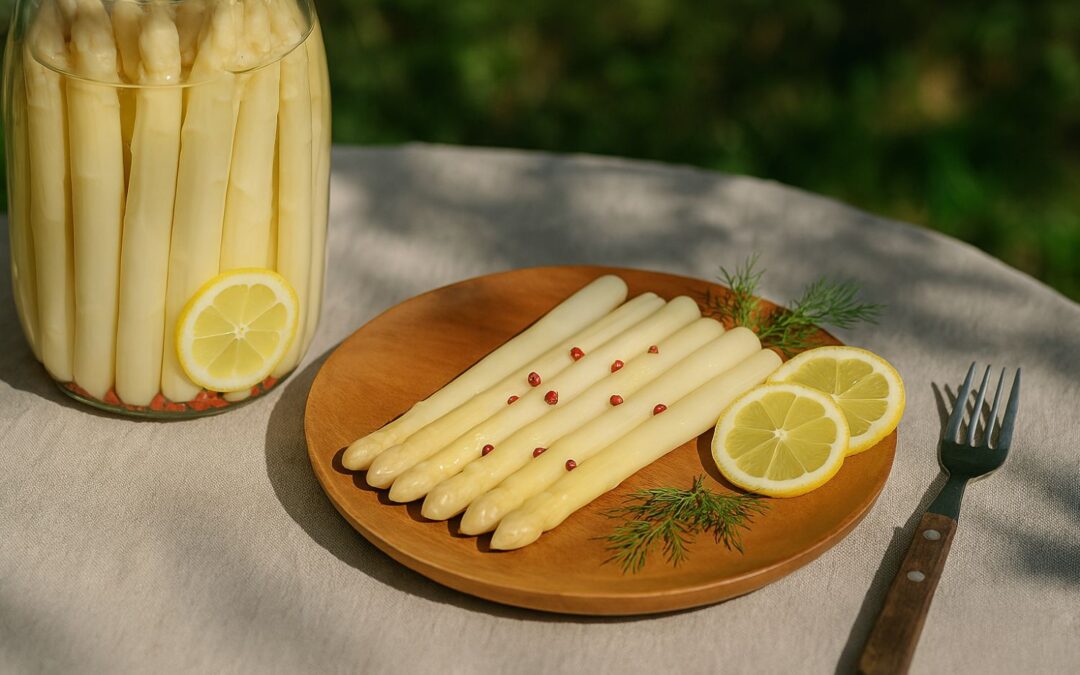 Weißer Spargel auf Teller mit Zitronenscheiben und Dill, daneben Glas mit eingelegtem Spargel und eine Gabel.