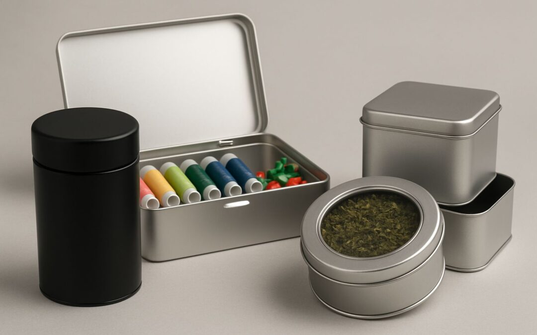 Verschiedene Metallboxen, eine mit Fäden, eine mit Teeblättern gefüllt. Schwarze und silberne Behälter.