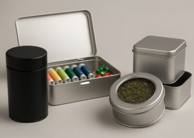 Verschiedene Metallboxen, eine mit Fäden, eine mit Teeblättern gefüllt. Schwarze und silberne Behälter.