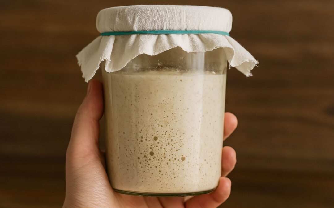Hand hält ein Glas mit Blubberblasen-Sauerteig, abgedeckt mit Tuch und Gummiband, vor braunem Hintergrund.