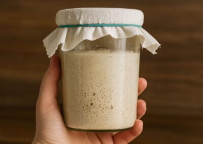 Hand hält ein Glas mit Blubberblasen-Sauerteig, abgedeckt mit Tuch und Gummiband, vor braunem Hintergrund.
