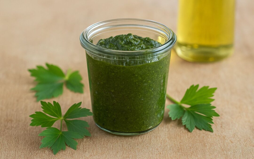 Glas mit grünem Pesto auf Holzuntergrund, dekoriert mit Petersilienblättern. Im Hintergrund eine Flasche Öl.