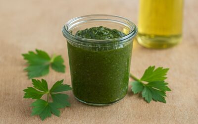Glas mit grünem Pesto auf Holzuntergrund, dekoriert mit Petersilienblättern. Im Hintergrund eine Flasche Öl.