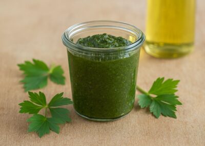 Glas mit grünem Pesto auf Holzuntergrund, dekoriert mit Petersilienblättern. Im Hintergrund eine Flasche Öl.