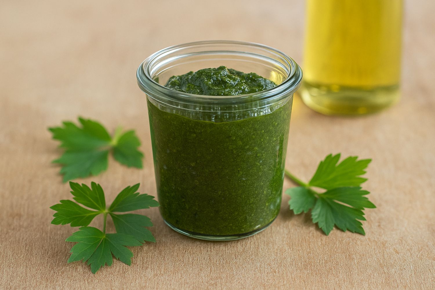 Liebstöckel-Paste aus getrocknetem Liebstöckel Glas mit grünem Pesto auf Holzuntergrund, dekoriert mit Petersilienblättern. Im Hintergrund eine Flasche Öl.