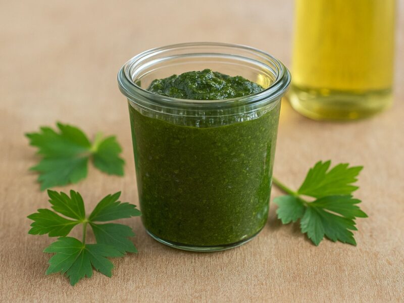 Glas mit grünem Pesto, umgeben von frischen Petersilienblättern und einer Flasche Öl im Hintergrund auf Holztisch.