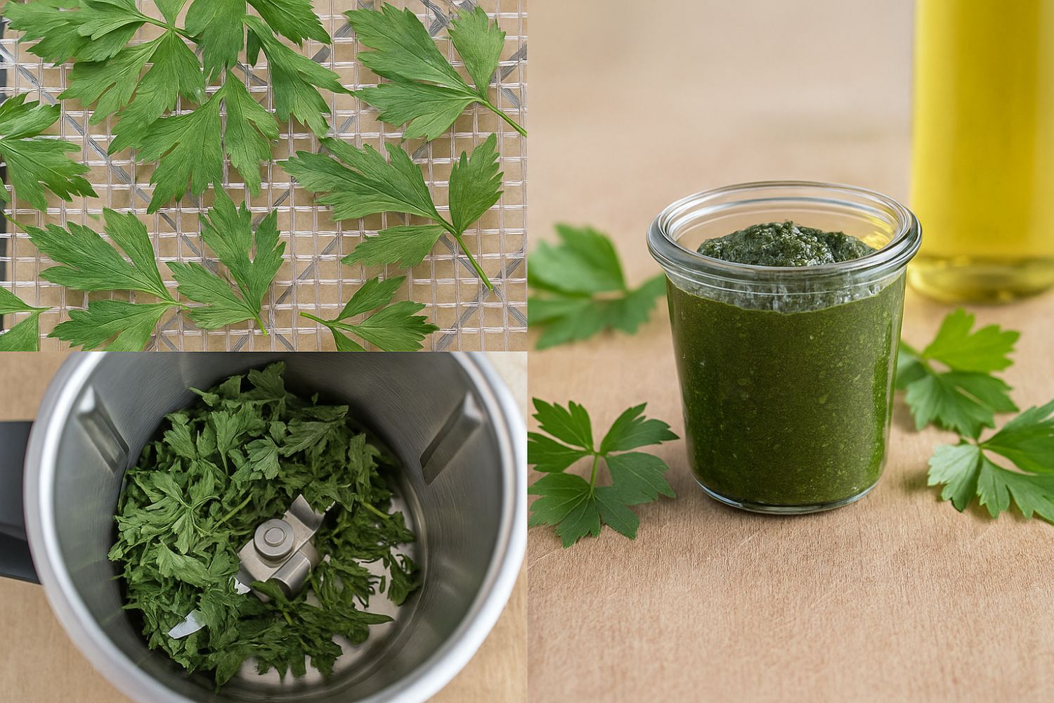 Liebstöckel-Paste aus getrocknetem Liebstöckel Getrocknete Lorbeerblätter, im Mixer und als Pesto im Glas mit Olivenöl im Hintergrund.