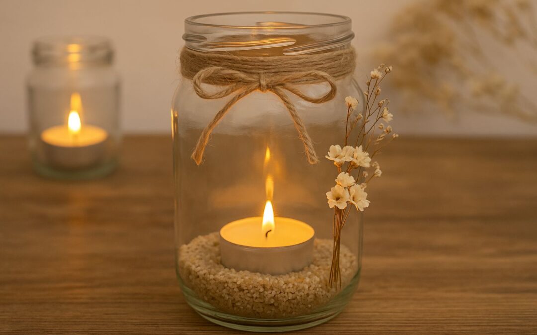 Kerze in Glas mit Sand und Blumen, dekoriert mit Juteband, auf einem Holztisch; im Hintergrund weiteres Glas mit Kerze.