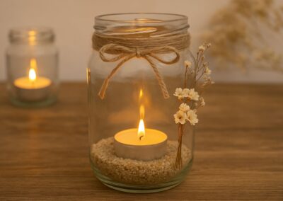 Kerze in Glas mit Sand und Blumen, dekoriert mit Juteband, auf einem Holztisch; im Hintergrund weiteres Glas mit Kerze.