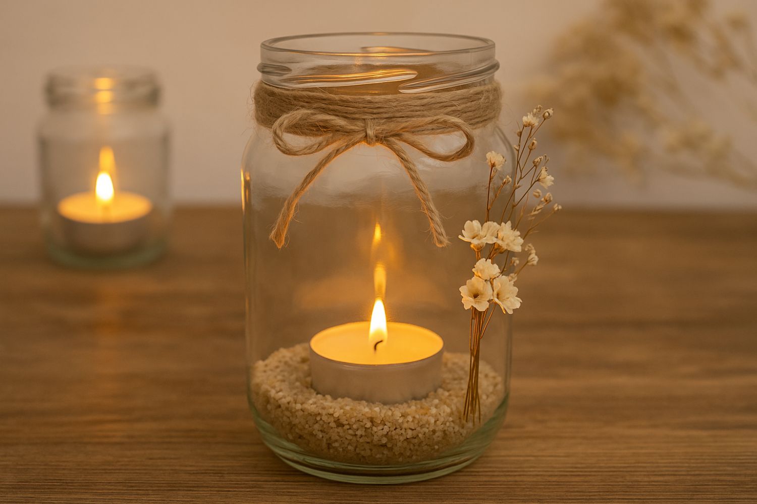 Windlicht aus Einmachglas Kerze in Glas mit Sand und Blumen, dekoriert mit Juteband, auf einem Holztisch; im Hintergrund weiteres Glas mit Kerze.