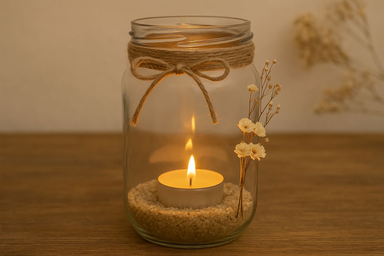 Windlicht aus Einmachglas Teelicht in Glas mit Dekoband und Trockenblumen, stehend auf Holztisch. Warmes, gemütliches Ambiente.